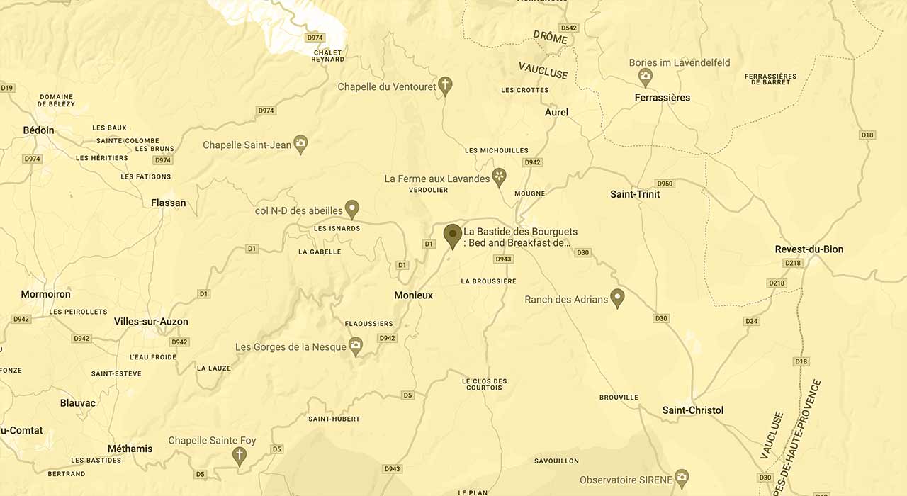 Carte géographique de la Bastide des Gourbets, chambre d&apos;hôtes entre Luberon et mont Ventoux
